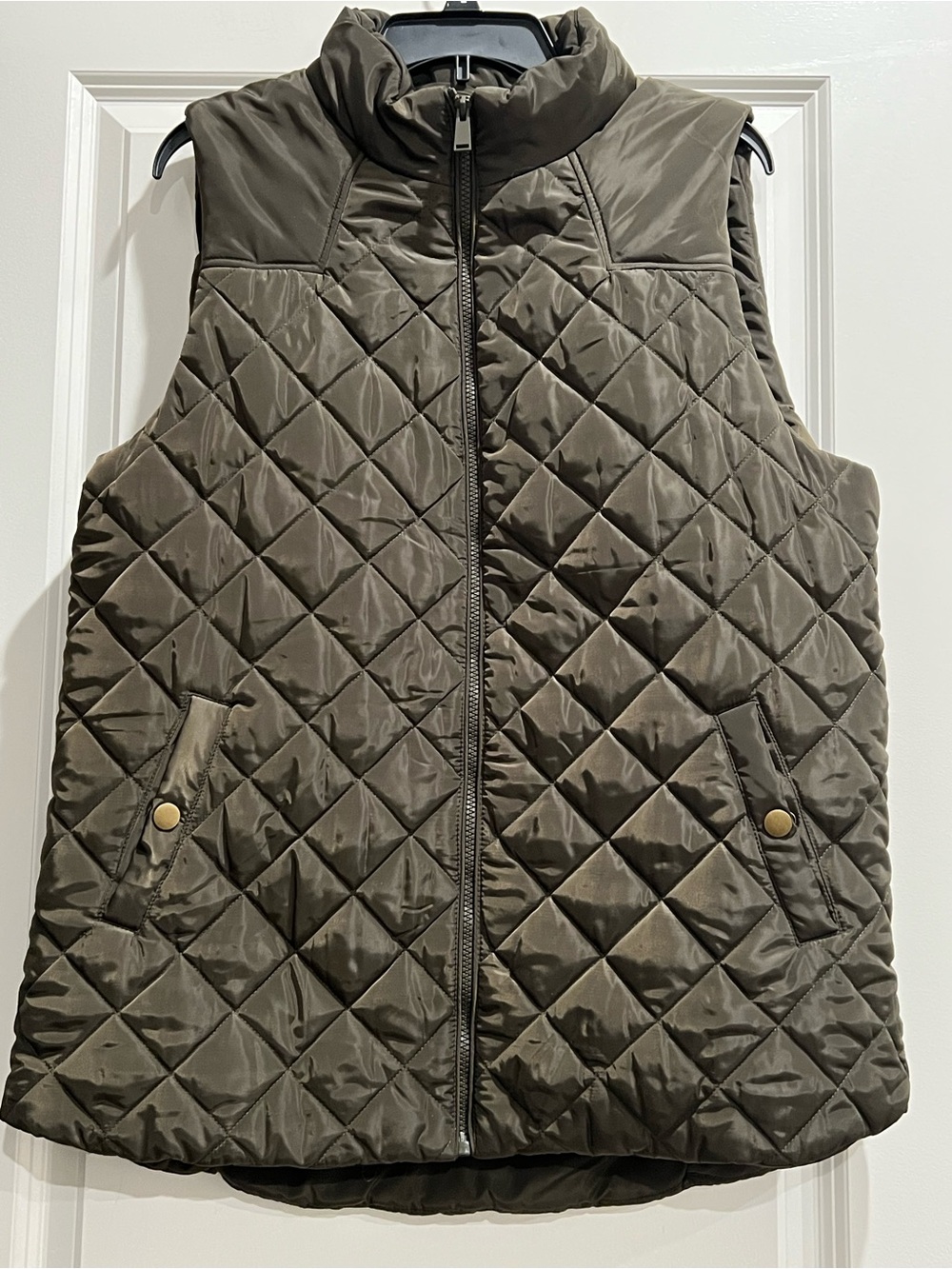 Zenana Olive Green Quilted Puffer Vest with Snap Pockets